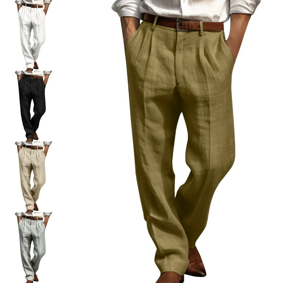 Xzbqbs Mens Casual Pants Double Pleated Front Pocket Straight Wide Leg Pants Loose Fit Breathable Lightweight Summer Beach Pants