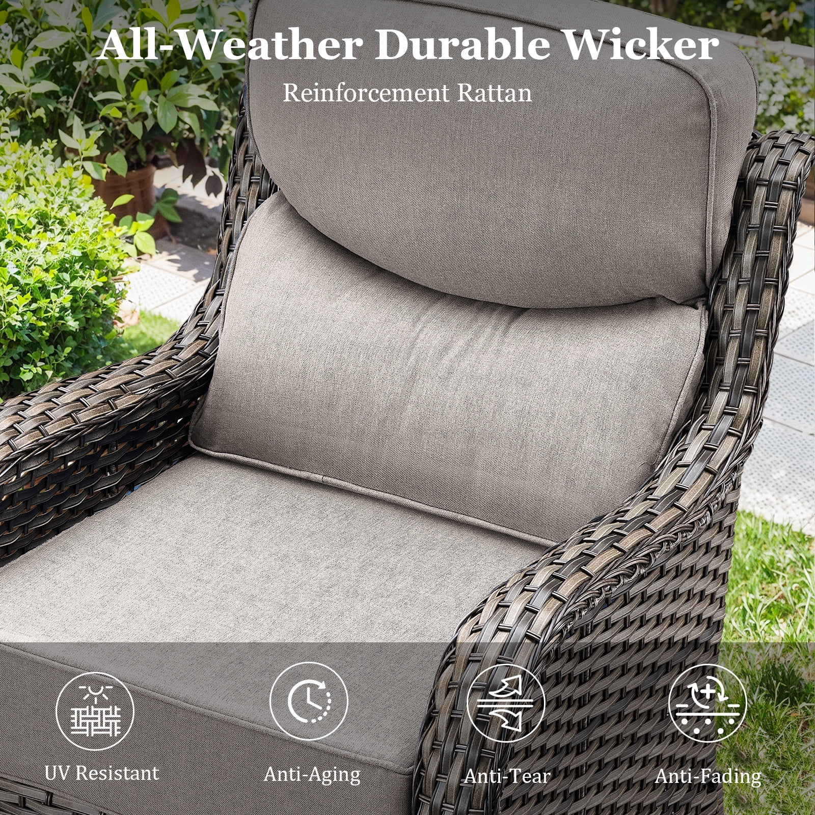 Planntonneo 3-Piece Patio Furniture Set - Wicker Swivel Glider Chairs with 6-Inch High-Resilience Cushions and Side Table, Grey/Beige