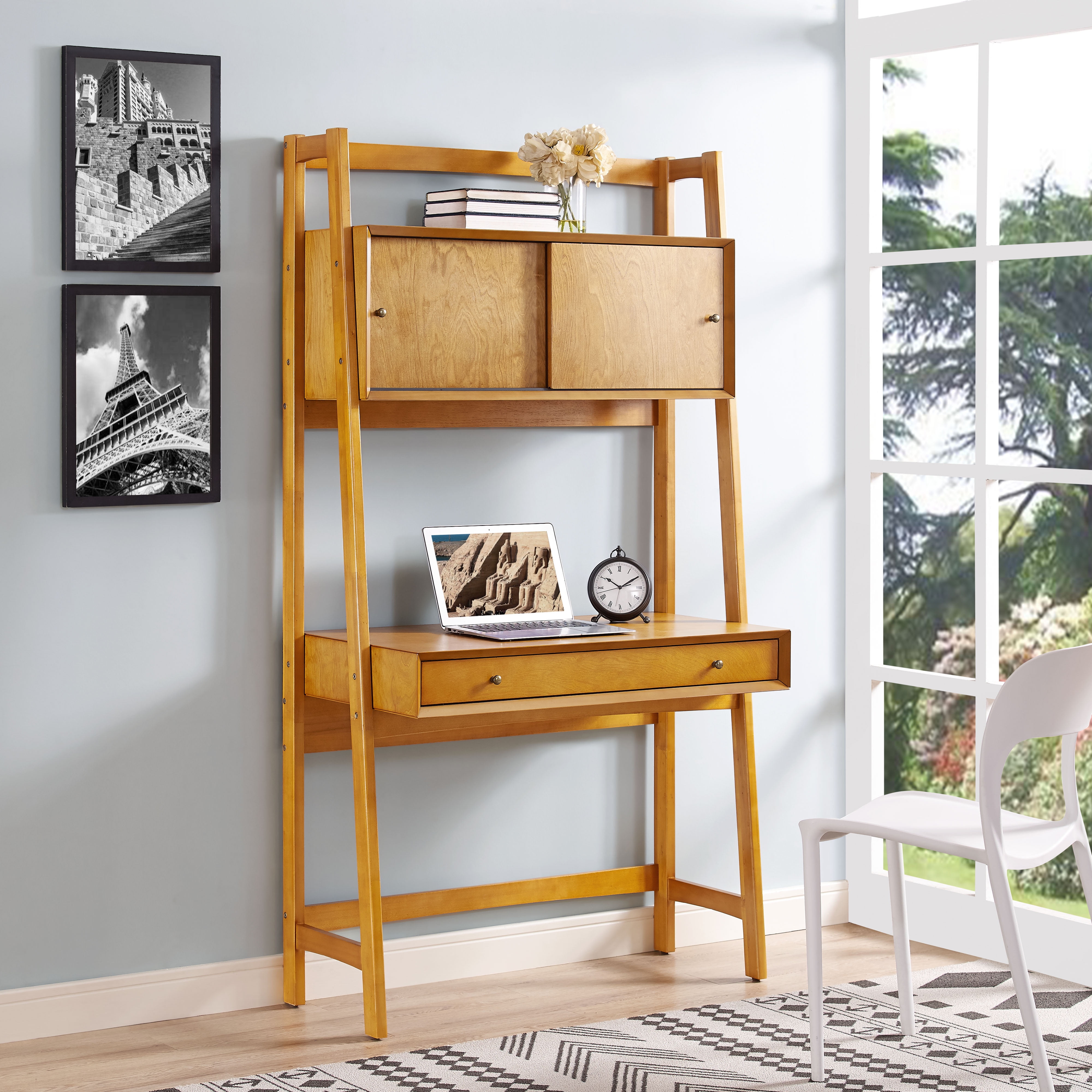 Contemporary Style Ladder Desk With 3, Easmor Ladder Bookcase