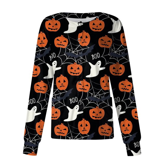 Women Long Sleeve Pattern Pocket Working Halloween Print Stand-up Collar Single-breasted Protective Overalls Cardigan Jacket Top