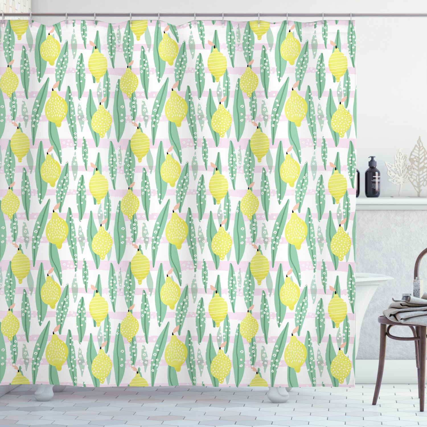 Lemons Shower Curtain, Vertically Aligned Lemon Leaves And Patterned
