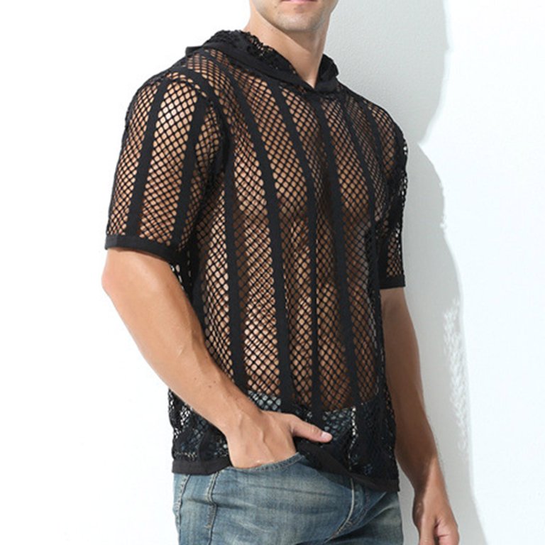 Men's Sheer Mesh Button Up Shirt See Through Short Sleeve