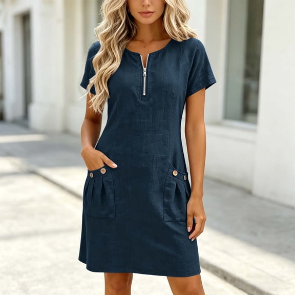 Qulqfy Summer Dresses for Women Cotton Linen Midi Dress Scoop Neck Cap Sleeve Blue Flowy Casual Button Down Smocked Vacation Sundress M
