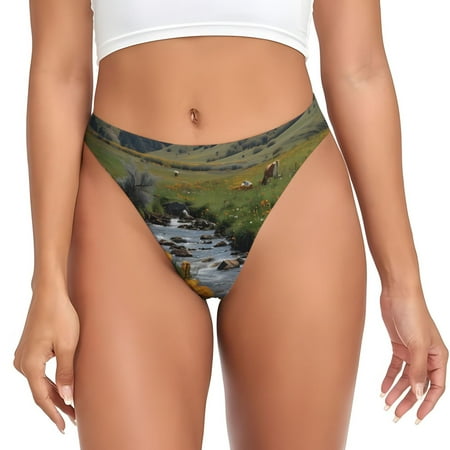 Adobk Mountain Cows Flower Stream Print Seamless Women Underwear Thongs No Show Ladies Thong No Line Breathable Comfortable Panties Undies for Women-X-Small