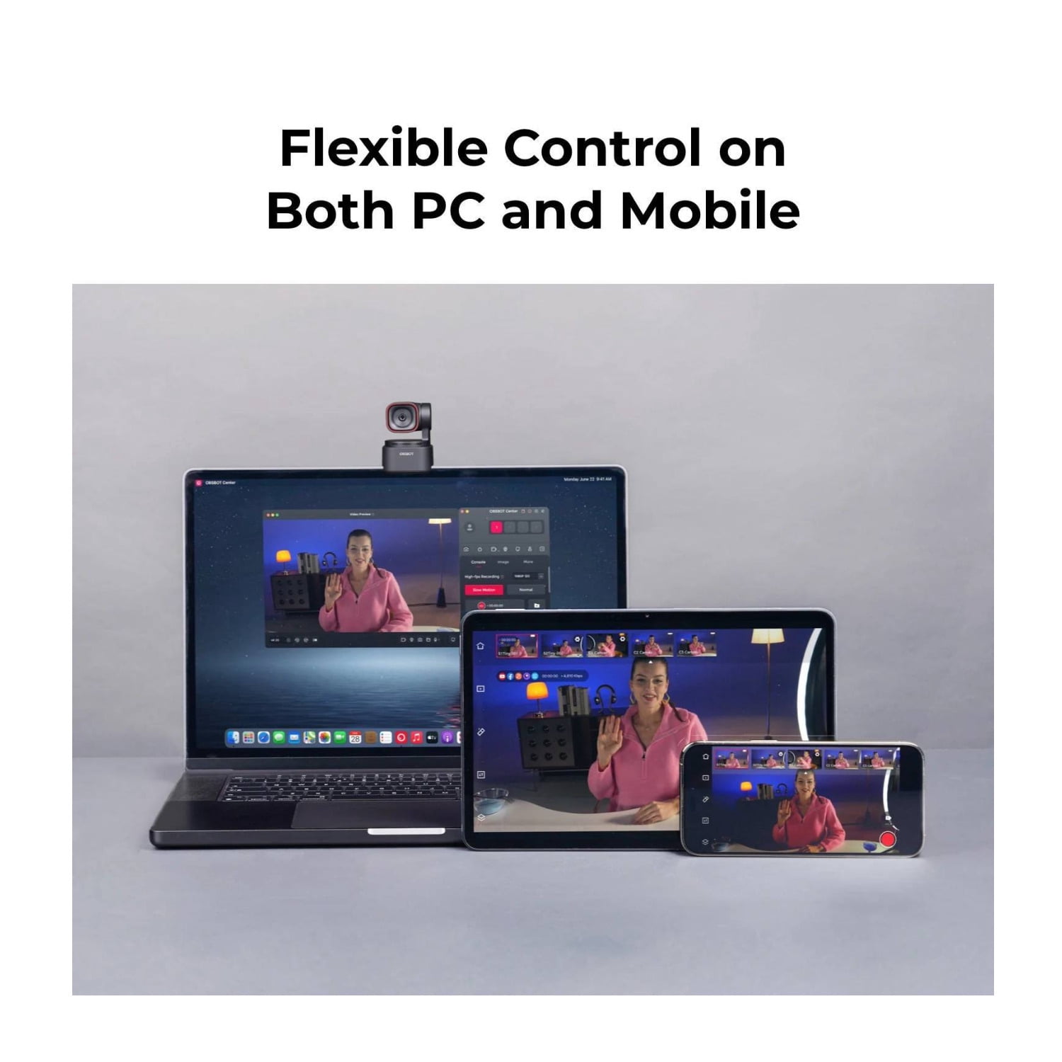 OBSBOT Tiny 3 Lite AI-Powered Spatial Audio 4K PTZ Lite Webcam with Gesture & Voice Control, Stream Deck and Switch 2 Compatible
