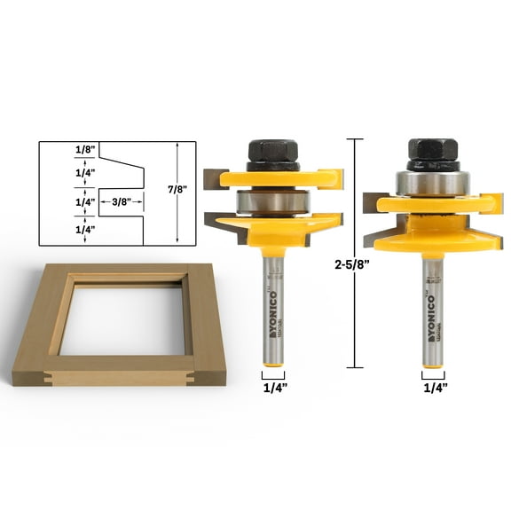 Bevel 2 Bit Rail and Stile Router Bit Set - 1/4" Shank - Yonico 12247q