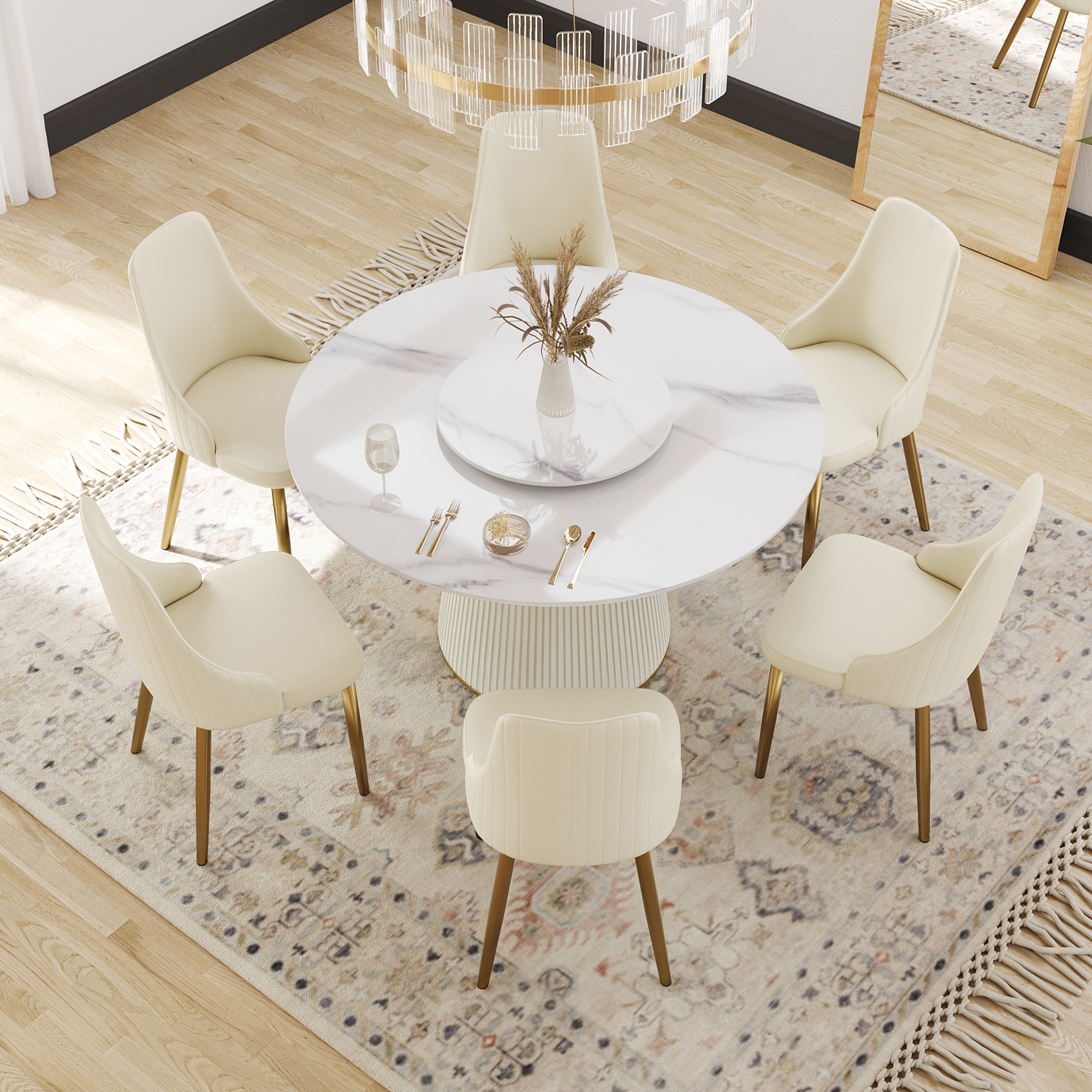 LovingAHome 53" Modern White Marble Sintered Stone Round Kitchen Dining Table with White (Only Table)