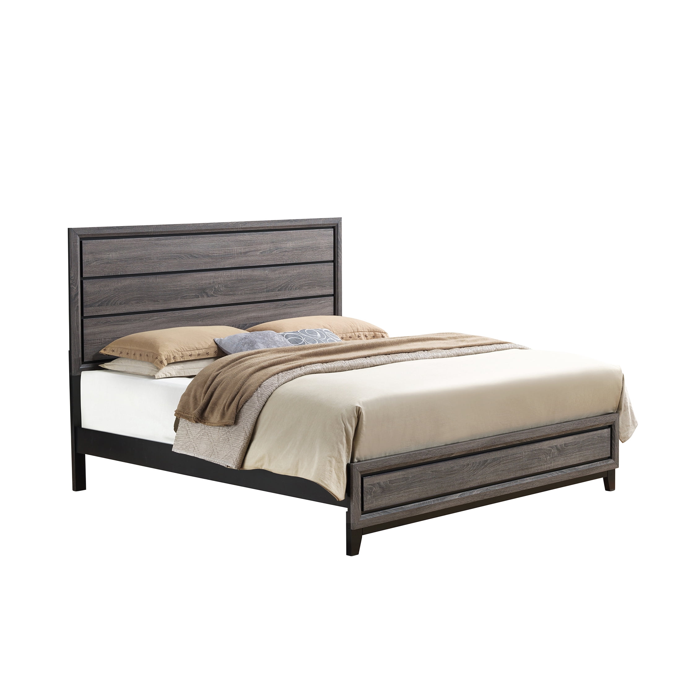 King Size Platform Bed Frame with Upholstered Headboard, Modern Low Profile Bedroom Furniture in Gray and Black, Wood Slat Support