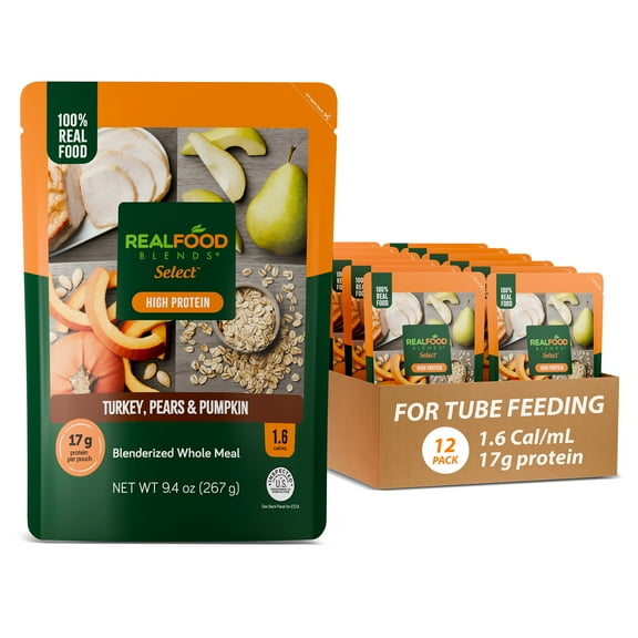 Real Food Blends Select Turkey, Pears & Pumpkin – Pureed Food Meal for Feeding Tubes, 9.4 oz Pouch (Pack of 12 Pouches)