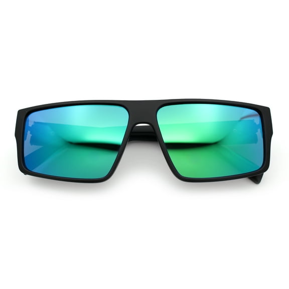 Kush Mens Bold Angular Line Flat Top Rectangle Plastic Sunglasses Matte Black - Green Mirror