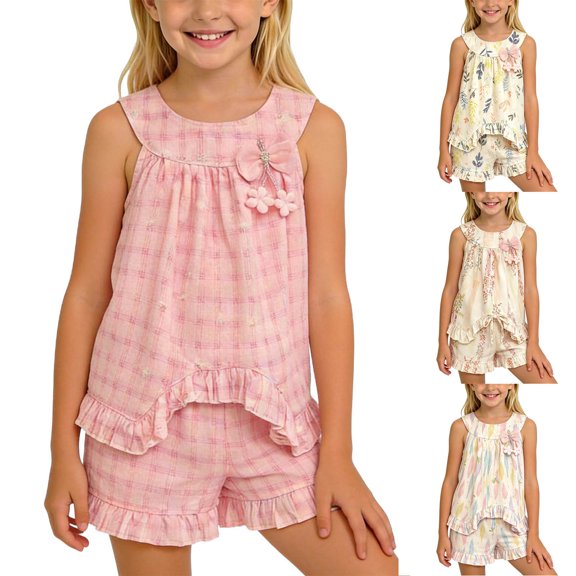 Asxite Toddler Girls Summer Outfits Print Floral Sleeveless Top and Shorts Set 0-10Y