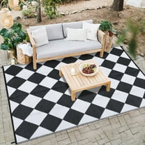HOMERRY Geometric Plaid Outdoor Rug Straw Plastic Area Rug for Balcony Pool RV Waterproof Reversible Carpet, Black/White, 9'x 18'