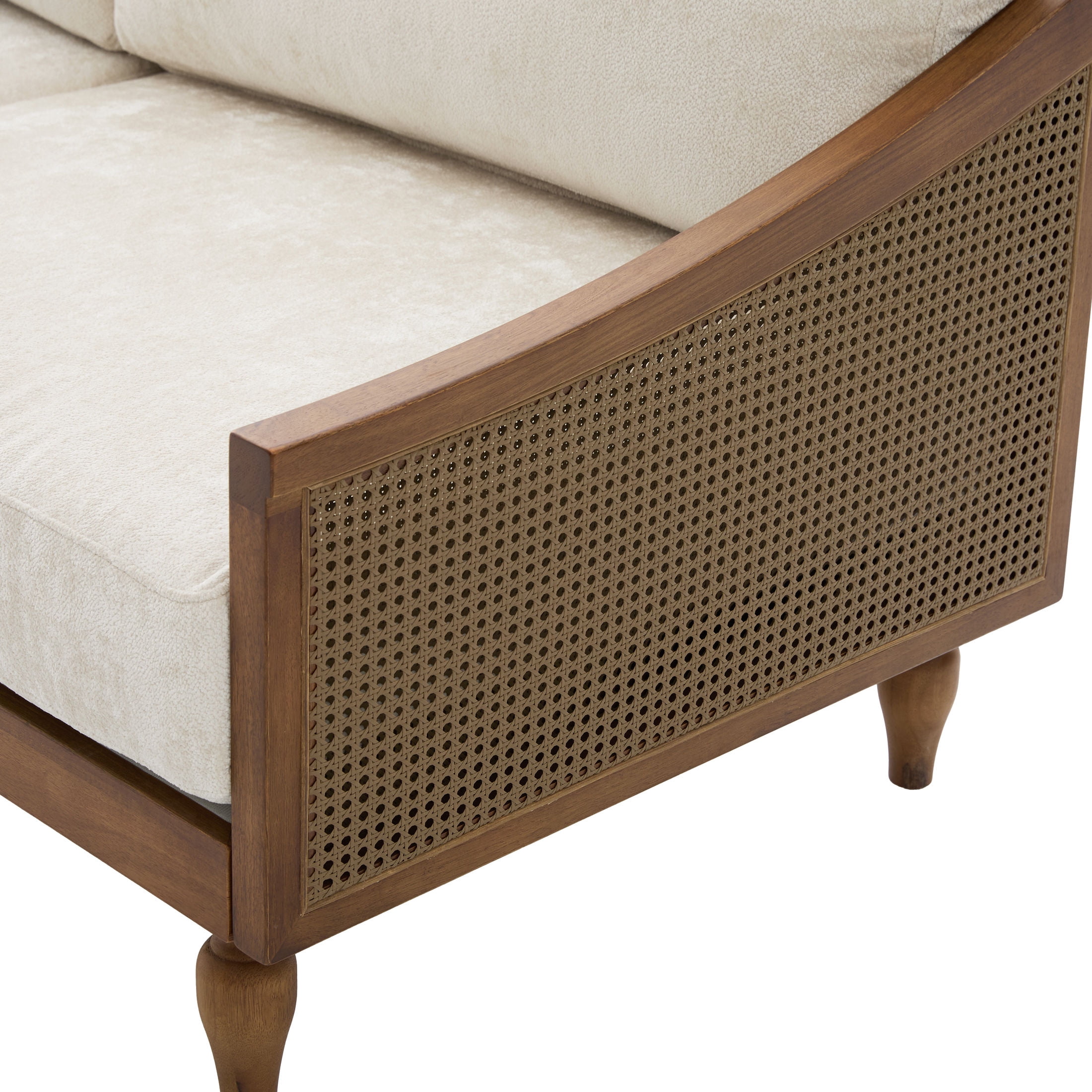 Christopher Knight Home Mid-Century 70.9" 3-Seater Sofa with Rattan Armrests, Wooden Frame, Walnut