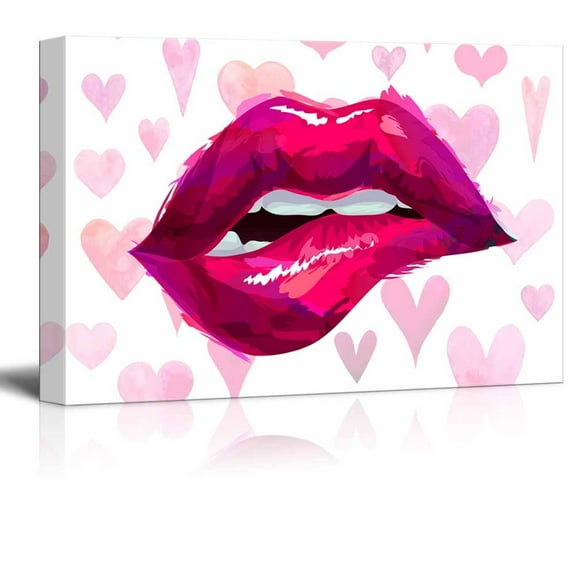 wall26 - Canvas Wall Art - Sexy Red Lips on Heart Shaped Patterns Background - Giclee Print Gallery Wrap Modern Home Art | Ready to Hang - 12x18 inches