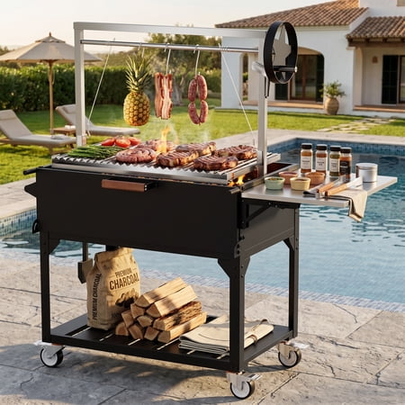 Argentine Santa Maria Wood & Charcoal Grill, Adjustable Grates, Fire Bricks, S-Hooks & Foldable Steel Table