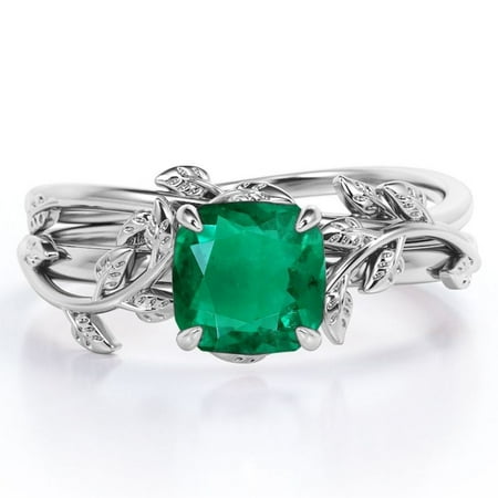 JeenMata Leaf Branch Vine - 1.0 TCW Cushion Cut Lab Created Emerald - Solitaire Prong Wedding Ring Set - 18K White Gold Plating over Silver