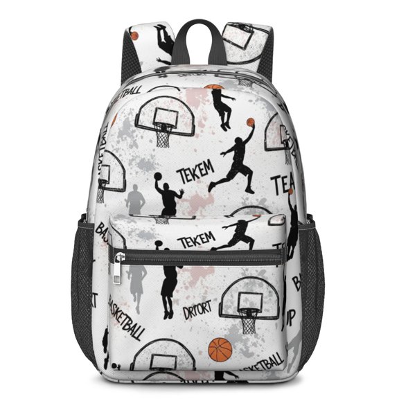 Basketball and Text White Pattern 17" School Backpacks for Teens,Waterproof Oxford Fabric,S-Shape Padded Straps for School,Travel,Hiking,Camping