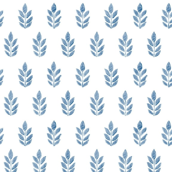 3122-11302 Ervic Blue Leaf Block Print Wallpaper with Seven Leafed Frond Inked in Blue White Colors Farmhouse Style Prepasted Acrylic Coated Paper