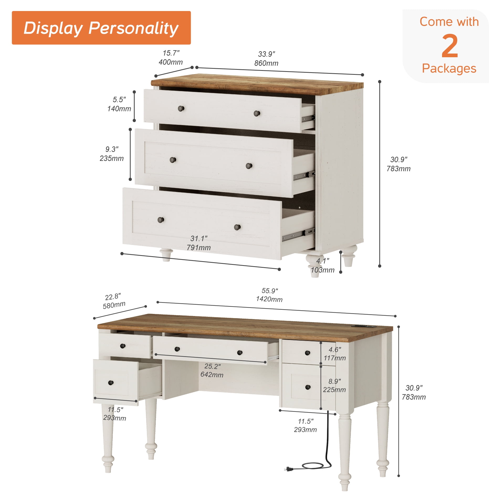 White Home Office Furniture Set, 56" Executive Desk with Charging Station, Farmhouse Cabinet with 3 Wooden Drawers, Wood Computer Desk with File Cabinet Storage, Open Shelf