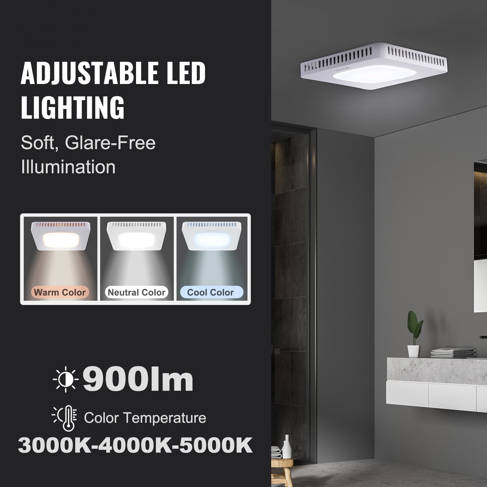 VEVOR 80 CFM 1.5 Sones Bathroom Exhaust Fan, Low Noise Bathroom Fan Bathroom Ceiling Vent Fan with 3 Adjustable Colors Lights