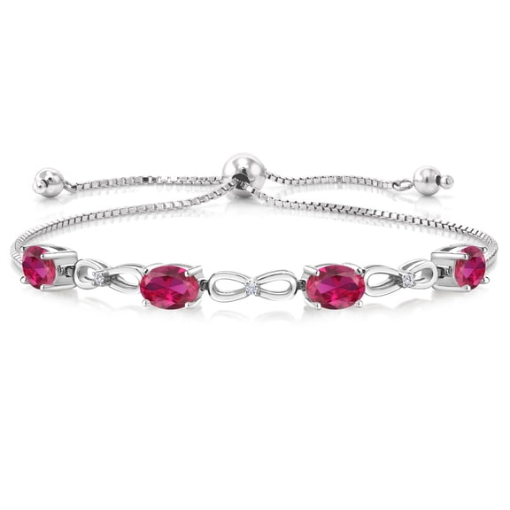Gem Stone King 925 Sterling Silver Red Created Ruby and White Lab Grown Diamond Tennis Bracelet for Women (4.02 Cttw, Oval 7X5MM, Fully Adjustable up to 9 inch)
