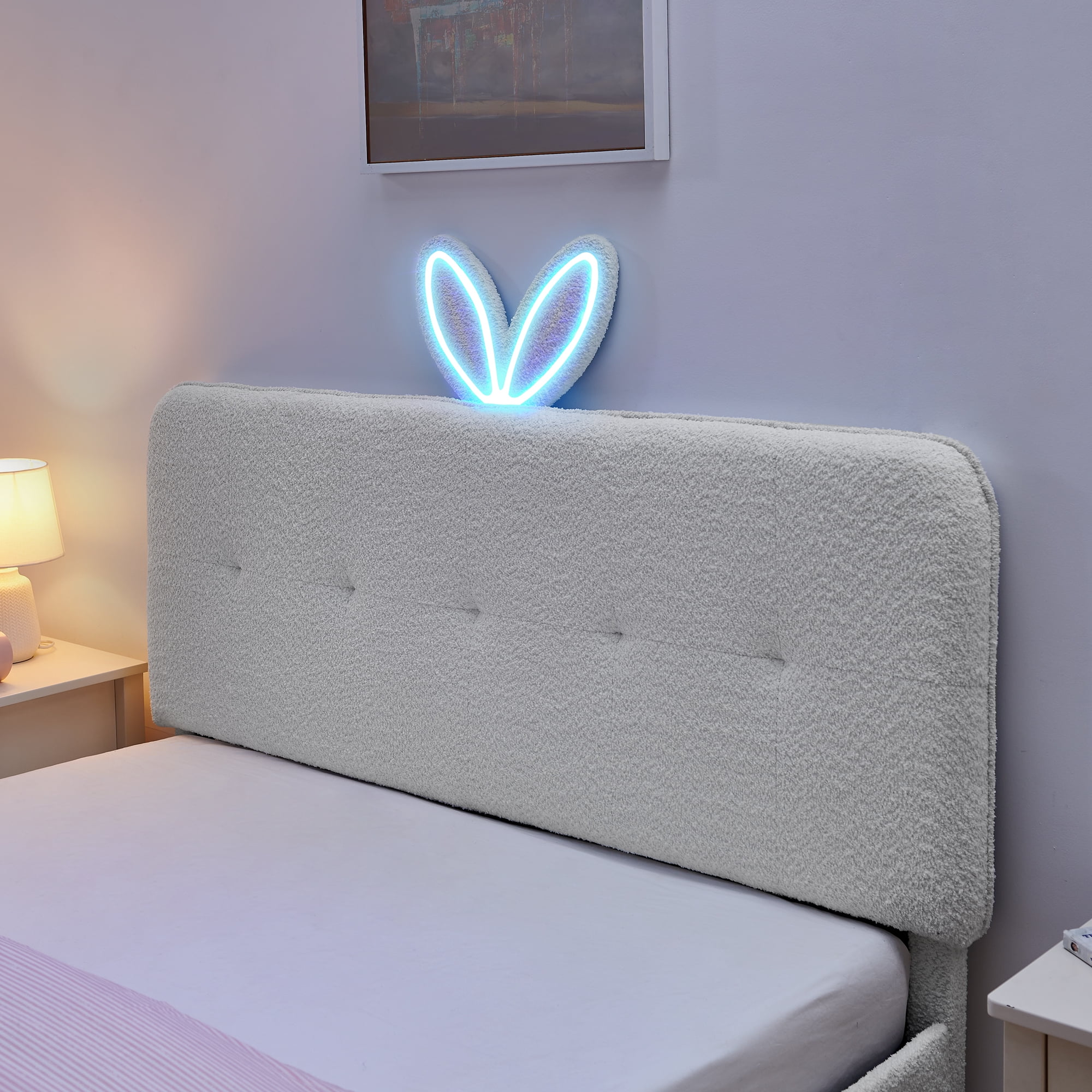 Avobird Queen Size Kids Upholstered Bed with Oversized Rabbit Ear Headboard, LED Light & 4 Storage Drawers, Boucle Fabric, Pink