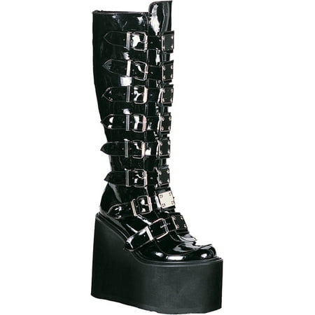 Black Patent Gothic Boots Metal Buckles Straps 5 1/2 Inch Platform Knee High