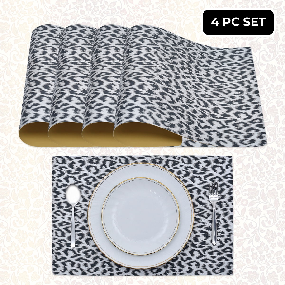 Placemats Set of 4 for Dining Table, Table Placemats, Rectangular Vinyl, PVC, 18x12 Inches - Black Gray