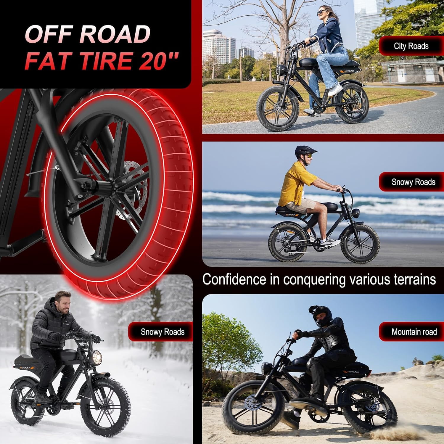 Movcan V30 Electric Bike for Adult, 1000W 20" Fat Tire 48V 15.6AH Removable Battery, 28MPH 7-Speed Disc Brake Off-Road Mountain Ebike UL2849