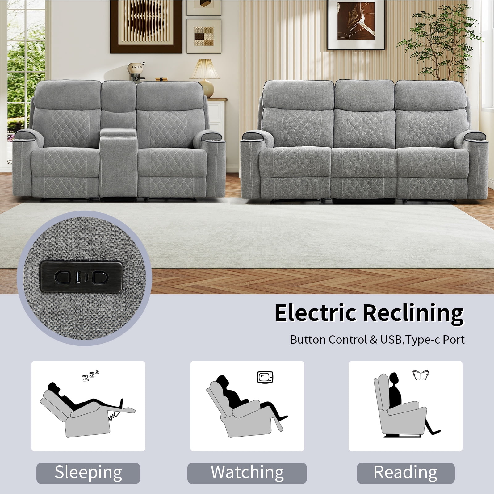 Bonzy Home Power Reclining Sofa Set — Fabric Electric Recliner Loveseat & 3 Seater Sofa Couch with Cup Holders, USB Type-C Charging Ports & Hidden Storage, 5 Seats, Light Grey