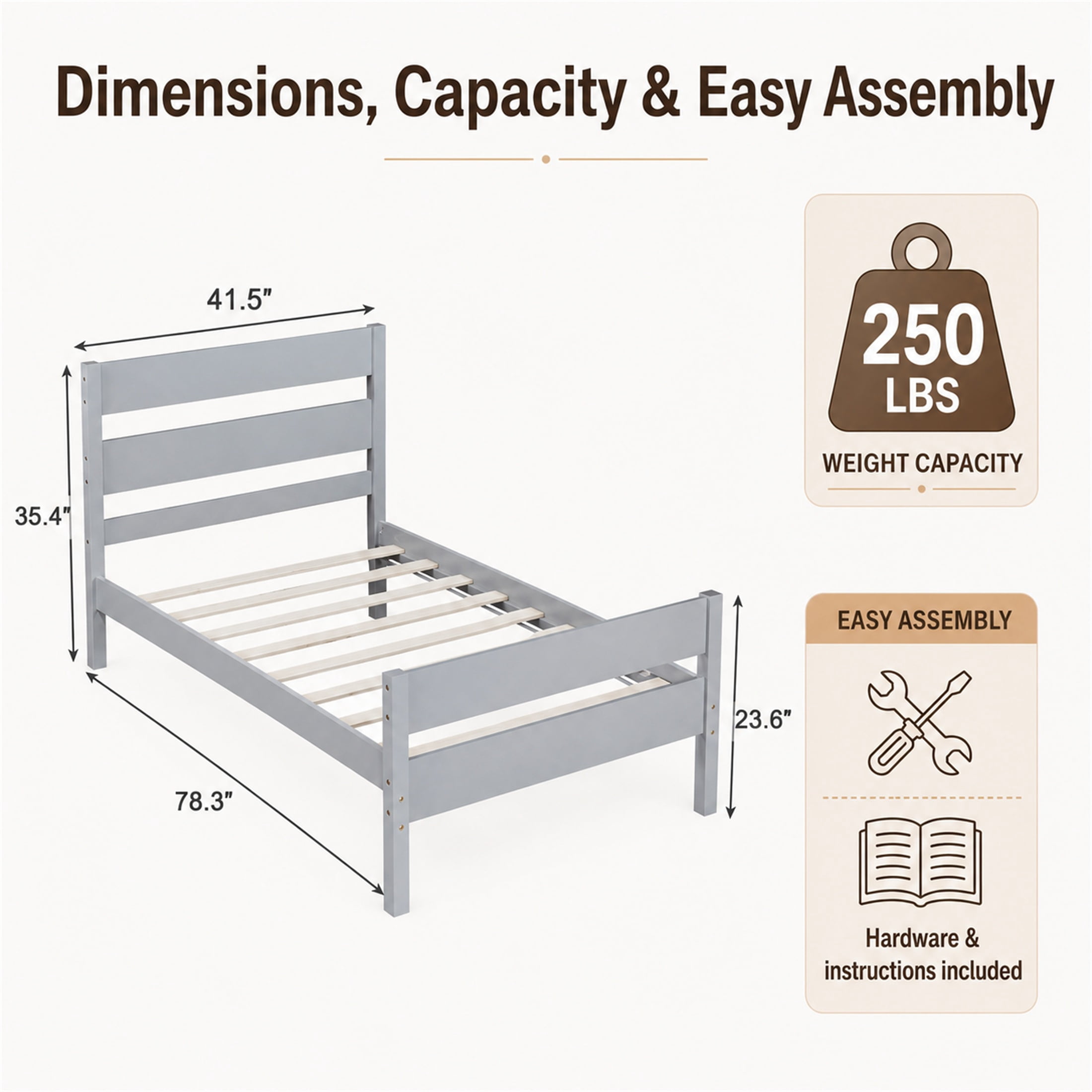 SESSLIFE Twin Bed Frame, Solid Wood Twin Platform Bed Frame with Headboard & Footboard, No Box Spring Needed with 250LBS, Easy Assembly, Grey