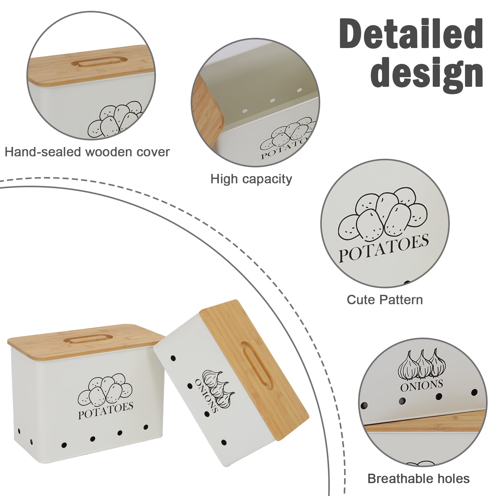 Pethiy Potato Onion Storage Canisters,Storage Bin For Kitchen 2 Pack Set,Potatoe, Potato Storage Box,Storage And Long Shelf Life with Aerating Tin Storage Holes,White