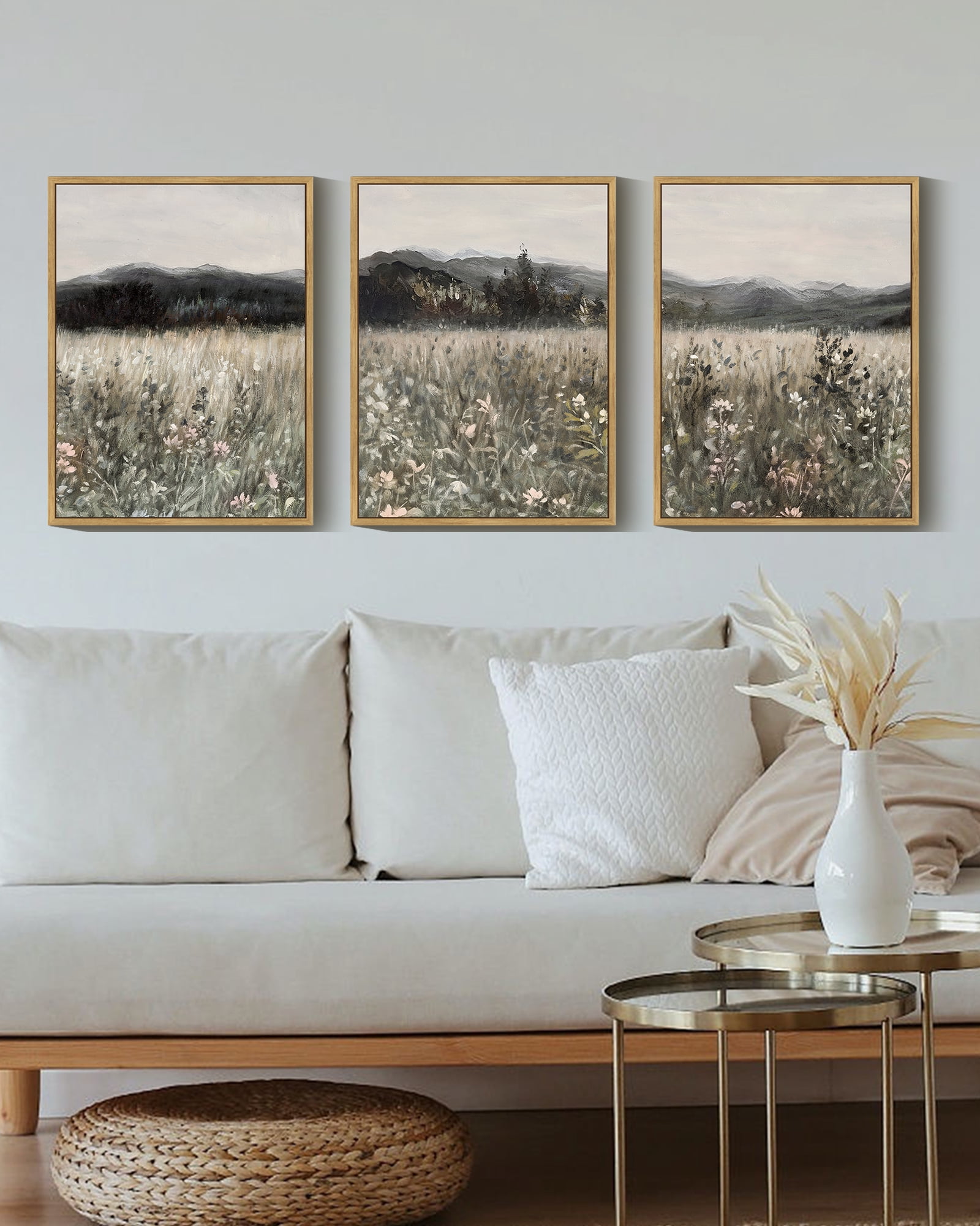 Vintage 11x14in3pcs Natural Framed Landscape Wall Art Prairie in Full Bloom Wall Prints Classic Retro Farmhouse Decorations for Living Room Bedroom