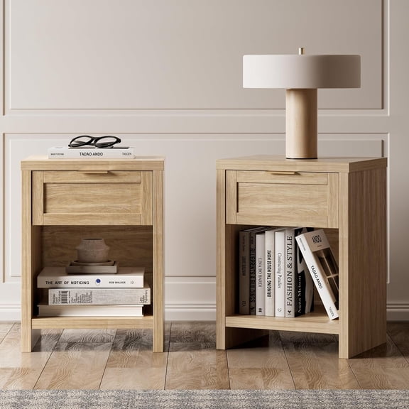 Nightstands Set 2, Bed Side Table for Living Room, Minimalist Night Stand with Drawer and Storage Shelf - Farmhouse End Tables for Bedroom
