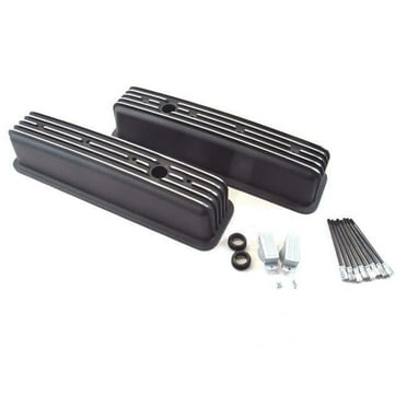 Tall Aluminum Finned Center Bolt Valve Cover with Hole for 1987-Up SBC 305-350, Black
