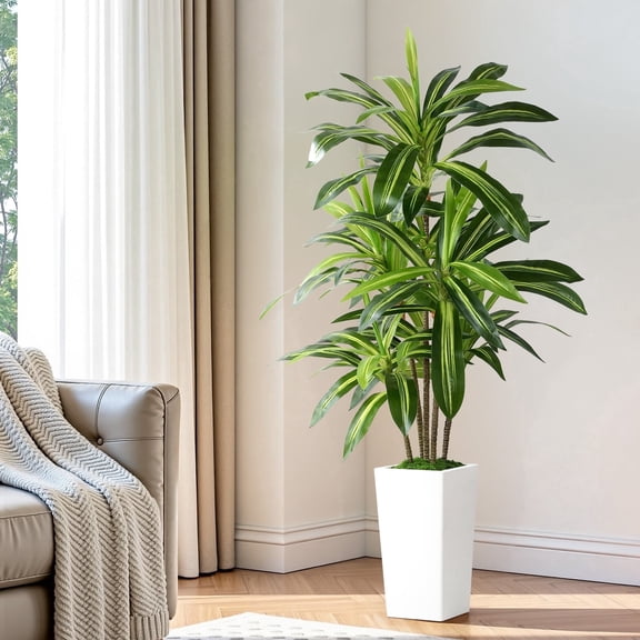 5ft Artificial Dracaena Tree, Fake Tree Indoor with White Tall Planter, Artificial Silk Plants for Home Office Decor