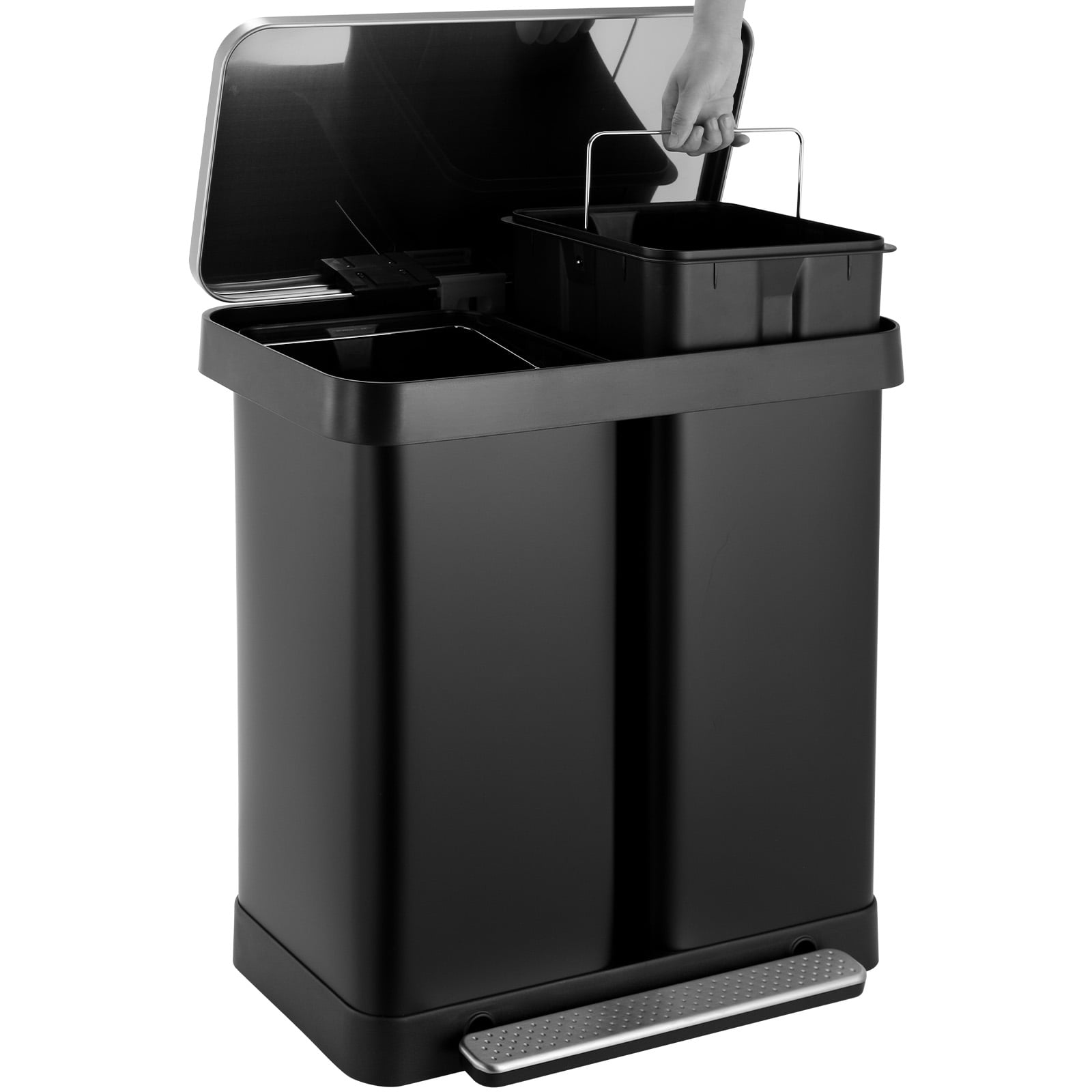 Pirecart 16 Gallon Dual Trash Can Rectangular Stainless Steel Pedal Recycle Bin, Black