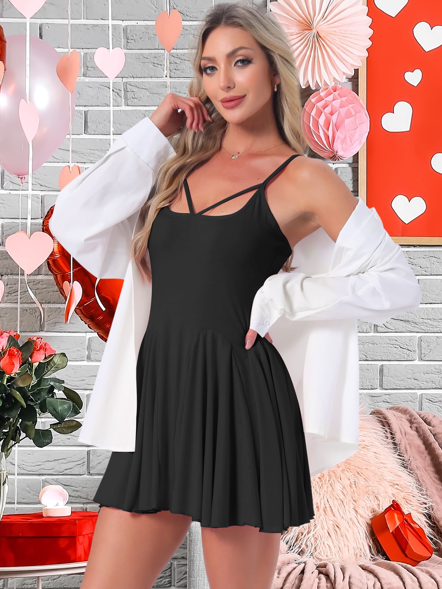 DARING DIVA Women's Nightgown Ruffle Spaghetti Strap Babydoll Chemise Dress XS Black