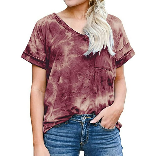 TIHLMK Tops, Tees & Blouses Sales Clearance Fashion Women Summer Short Sleeve V-Neck Pullover Printing Casual Blouse Red - Walmart.com