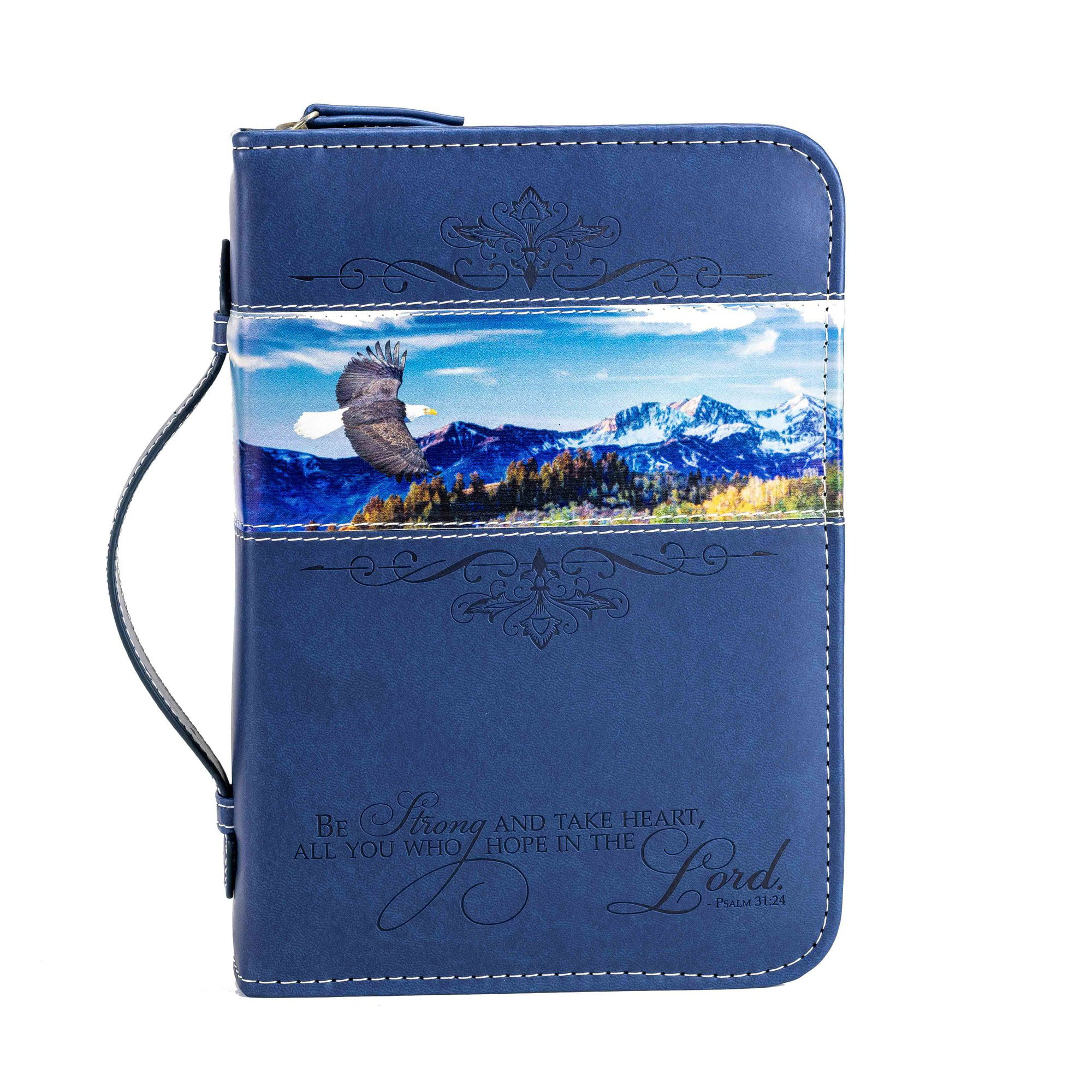 Flying Eagle Be Strong Take Heart Navy Blue Large Faux Leather Bible Cover 