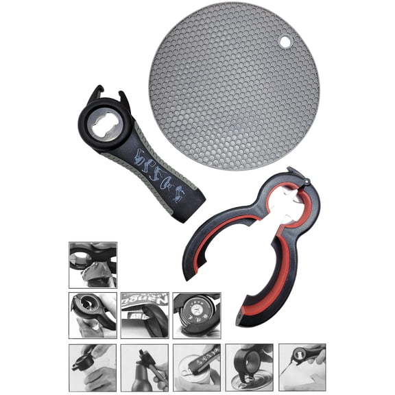 Deluxe 3 Piece Lid Opening Tool Combo Set - Grip, Flip and Loosen Jar Lids or Bottle and Can Tops