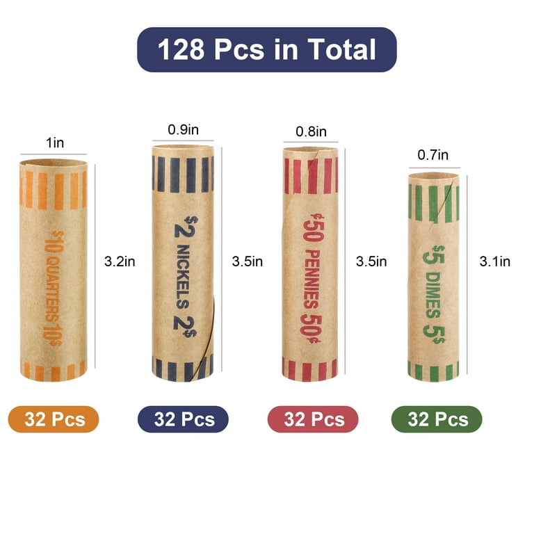 TSV Coin Wrappers Set 128 Pieces Assorted Paper Coin Roll Tubes