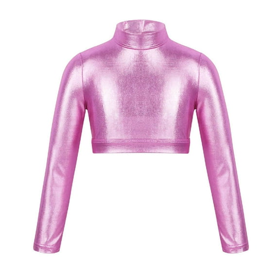 MSemis Kids Girls Long Sleeves Mock Neck Keyhole Back Metallic Tops Sports Hip Hop Dance T-Shirts Crop Top