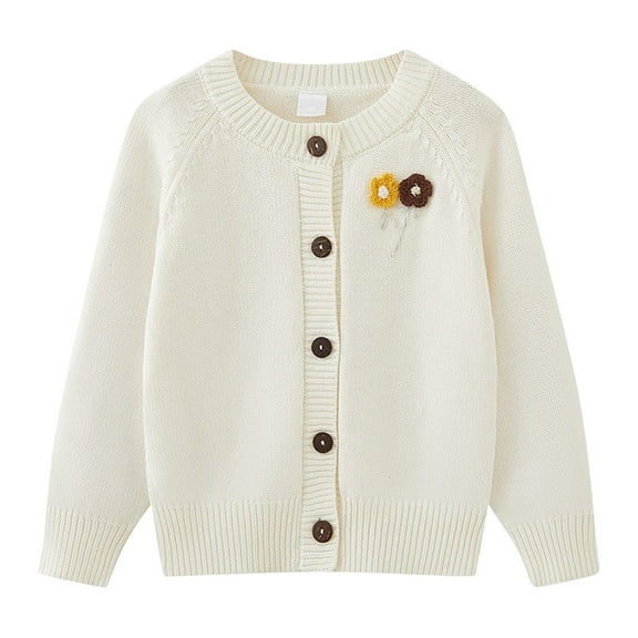 Eltusu Girls Sweaters Cardigans, Warm Crew Neck Button Long Sleeve Knit Cardigans White Size 10-12 T