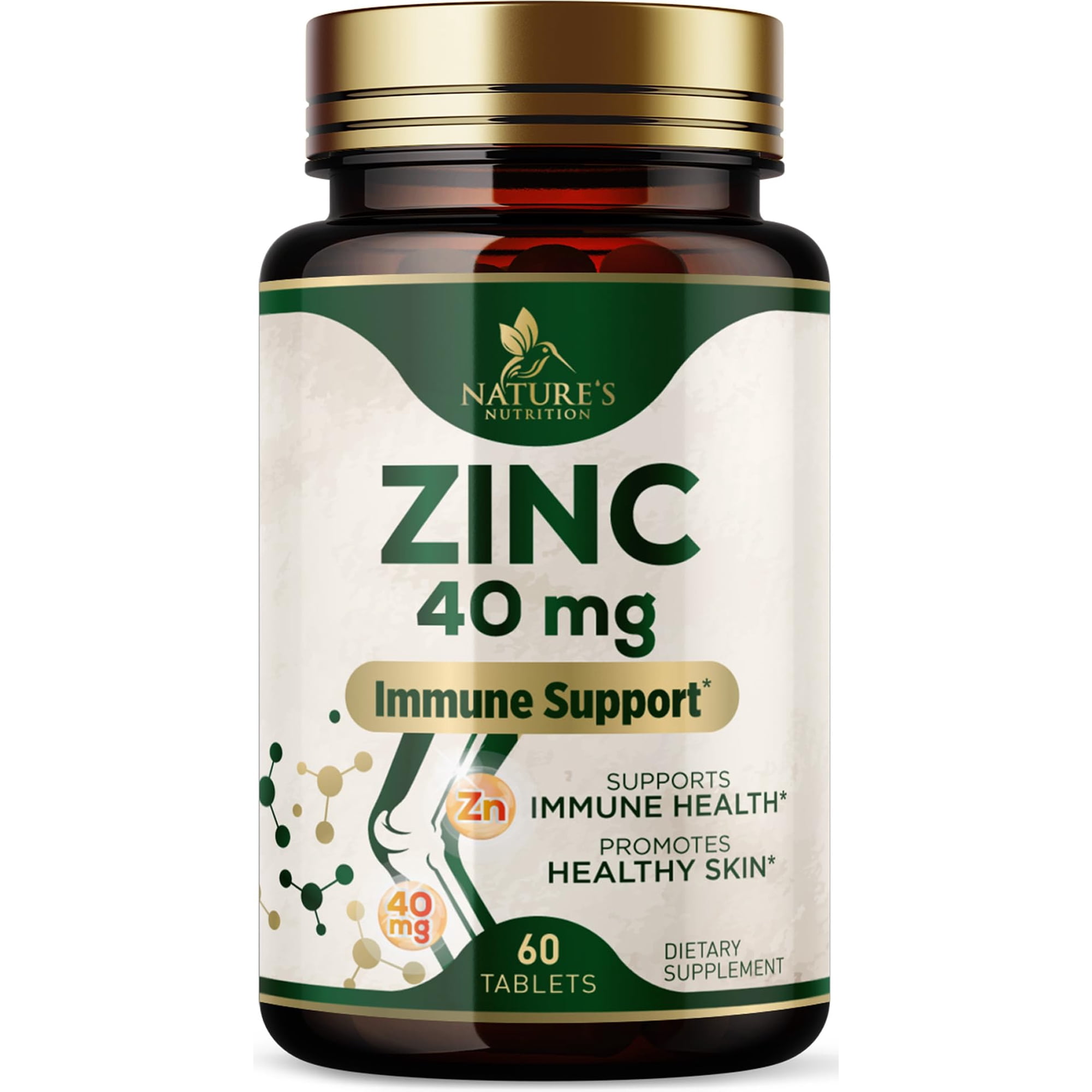 Zinc 40mg - High Potency Supplement for Immune System Support & Skin Health - Best Zinc Tablets for Women & Men - Vegan Zinc Antioxidant Supplements - Gluten-Free - Bottled in the USA - 60 Tablets