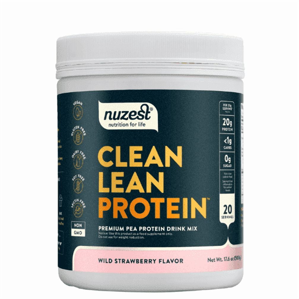 Nuzest - Pea Protein Powder - Clean Lean Protein, Premium Vegan Plant Based, Dairy Free, Gluten Free, GMO Free, Wild Strawberry, 20 Servings, 1.1 lb