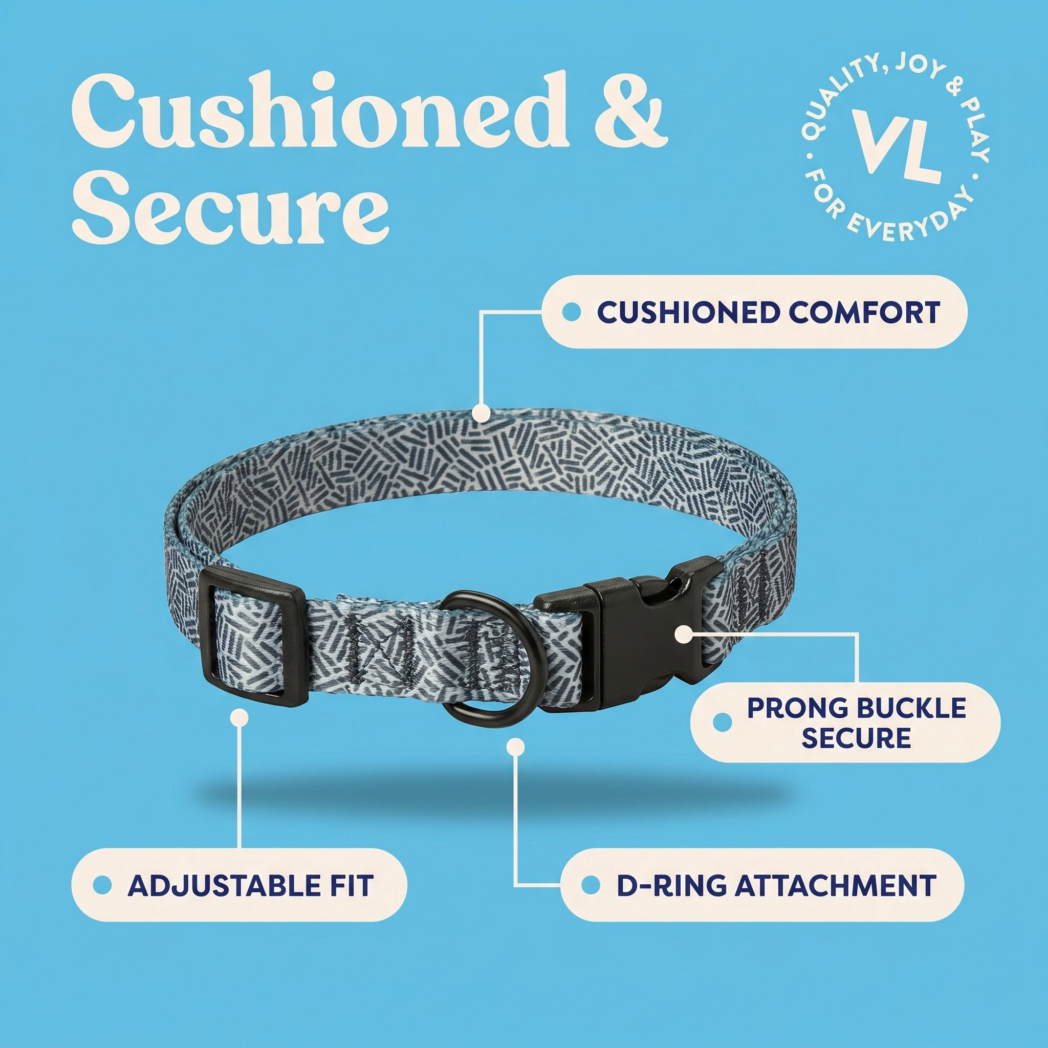 Vibrant Life Polyester Cushioned Adjustable Dog Collar, Gray Print, Small