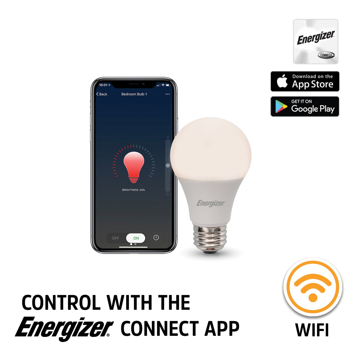 4 Pack Energizer Smart Wi-Fi Dimmable Warm White LED Bulbs, Mobile App Control, A19 E26, 800 Lumens