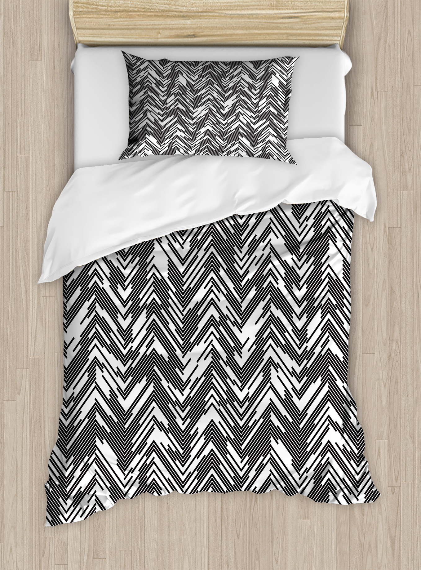 Black and White Twin Size Duvet Cover Set, Artistic Chaotic Chevron