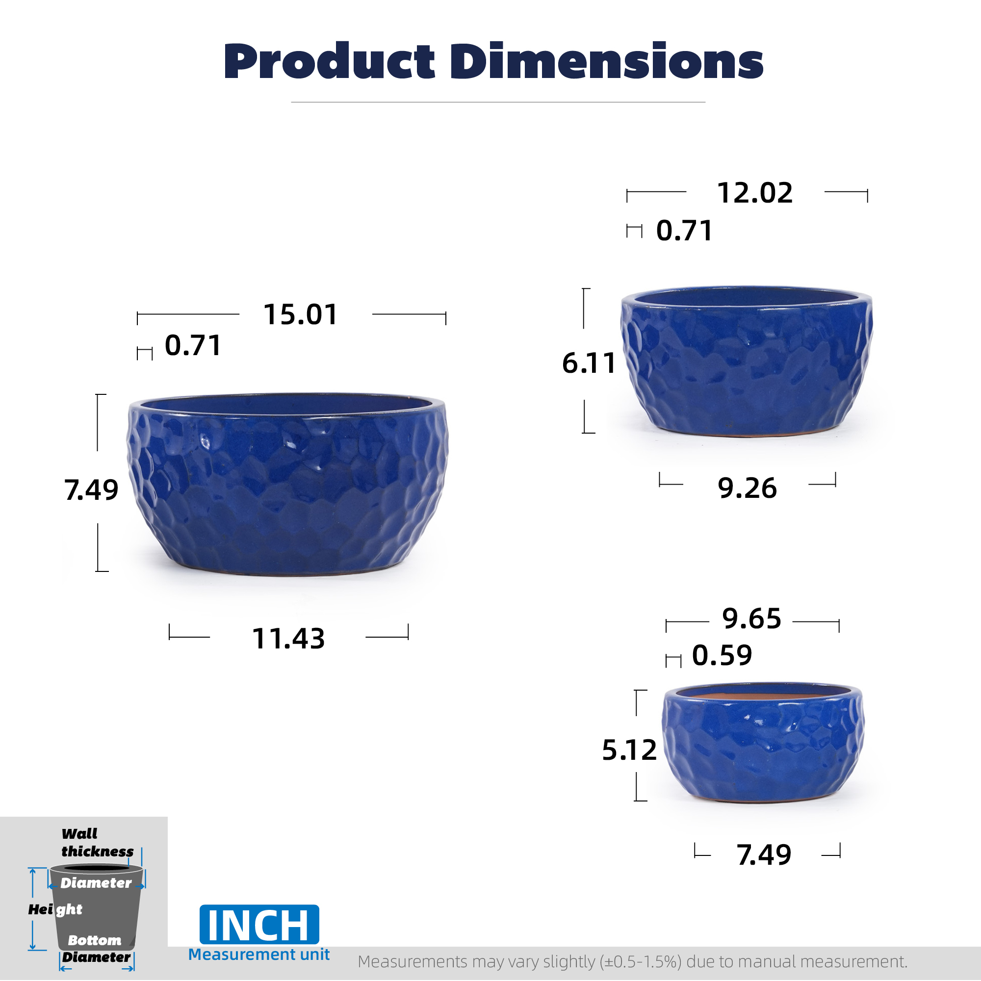 Leumius Set of 3 Handmade Ceramic Planter, 15"/12"/10" Diameter, Cobalt Blue Hammered Texture, for Succulents & Violets, Indoor/Outdoor Use on Windowsill & Bookshelf Antique Blue